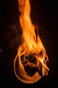 News Dramatic close-up of vibrant fire flames and burning wood against a dark background.
